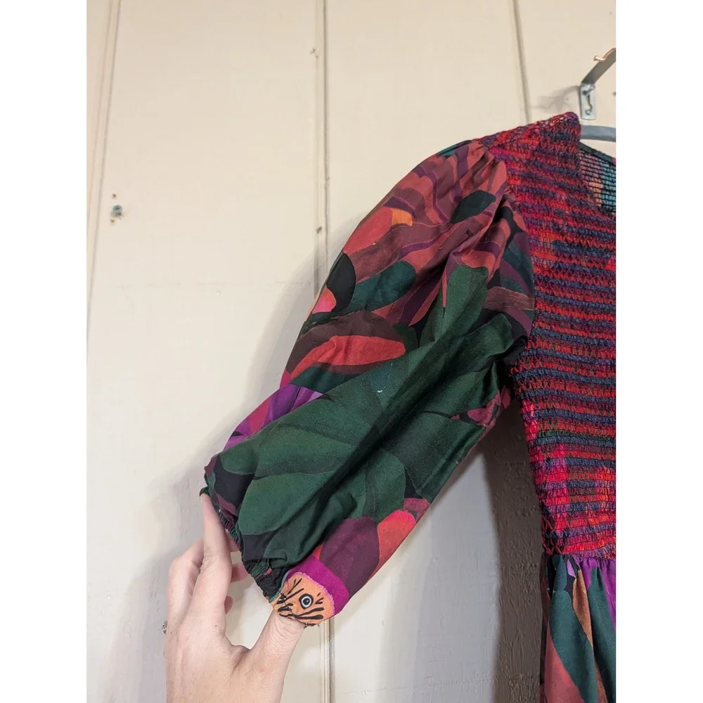 Farm Rio Dark Flowers Smocked Midi Dress Puff Sleeve Floral XS - Picture 8 of 16